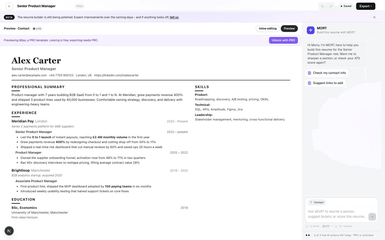 Preview mode showing the export-exact resume with the editing controls hidden and the MORT panel still open