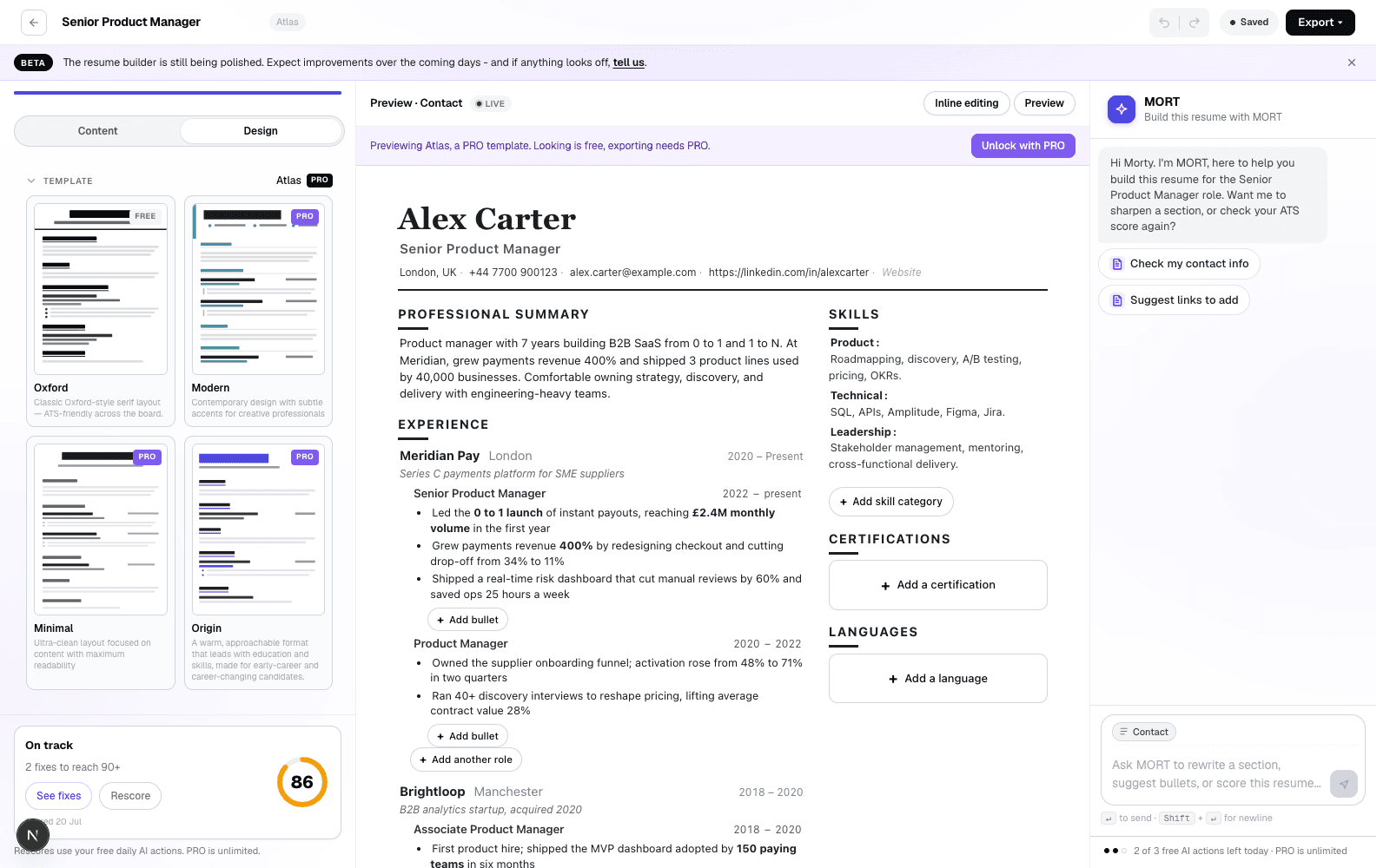 The template gallery in the Design tab, with free and PRO badges, beside the live resume preview